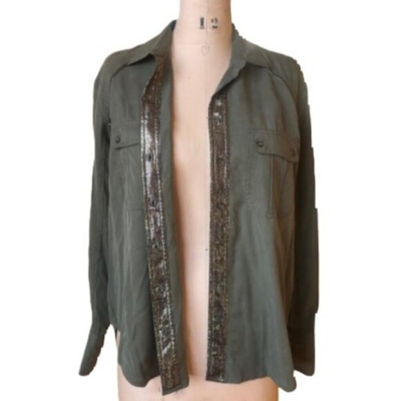Free People Off Campus Shirt Moss Olive Metallic, utility boho army button down - Picture 11 of 16